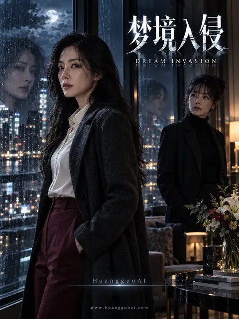 短剧《梦境入侵》封面，两位女性站在雨夜落地窗前