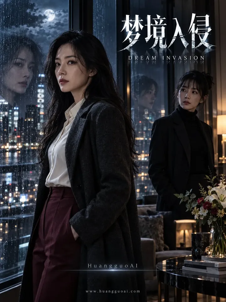 短剧《梦境入侵》封面，两位女性站在雨夜落地窗前